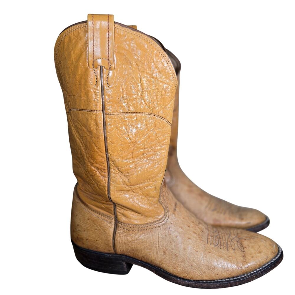 Vintage Nocona Men's Ostrich Med Soft Supple Cowboy Boots Sz 10.5 D Tan